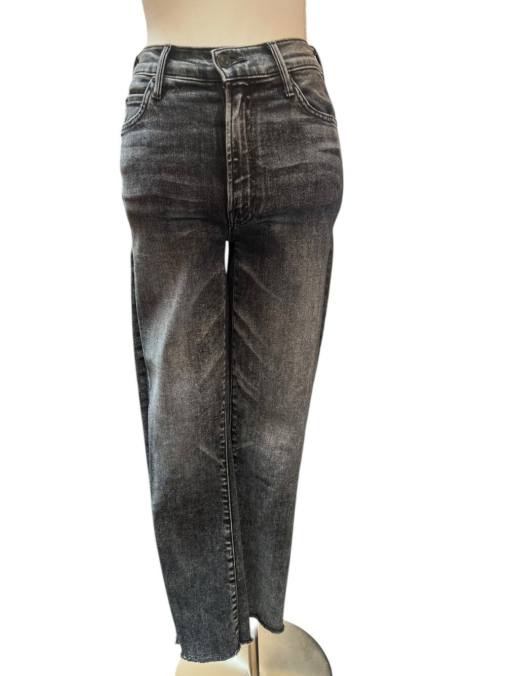 Mother Rascal Ankle Snippet Jeans 27 Black High Waisted Raw Hem EUC